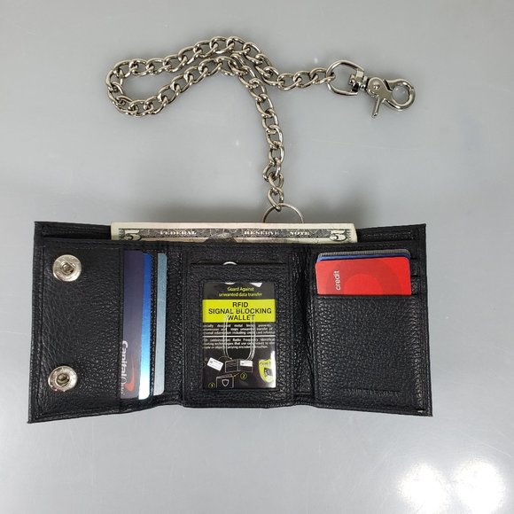 Men's RFID Signal Blocking Motorcycle Wallet with Chain Black - Picture 3 of 12